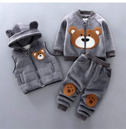 Baby Boy Clothes 2023 Autumn Cotton Thick Warm Casual Hooded Sweater Winter Cartoon Cute Bear Three-Piece Baby Girl Suit 0-5Y