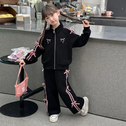 Teen Girls Clothing Set Spring Autumn Striped Bow Jacket+Pants 2Pcs Leisure Tracksuit for Kids Clothes For 5 6 8 10 12 14 Years