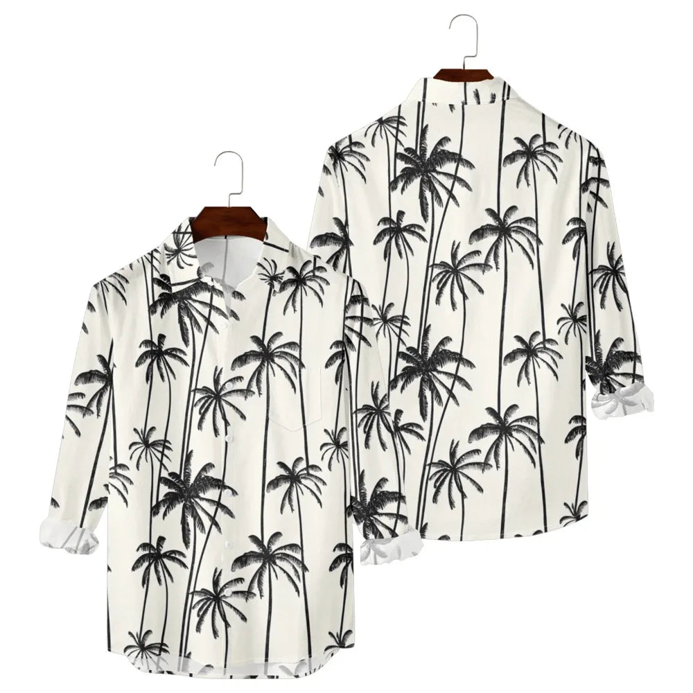 Hawaiian Men Shirts Sunset Oasis Palms Print Full Sleeve Streetwear Button Up Casual Beach to Bar Parties Poolside Shirt Pocket