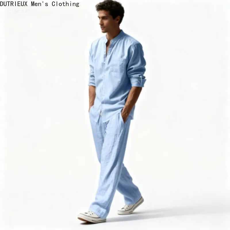 Fall Men's Cotton and Linen Two-piece Set, Oversized Simple Versatile Long-sleeved Shirt + Pants Comfortable Linen Suit for Men