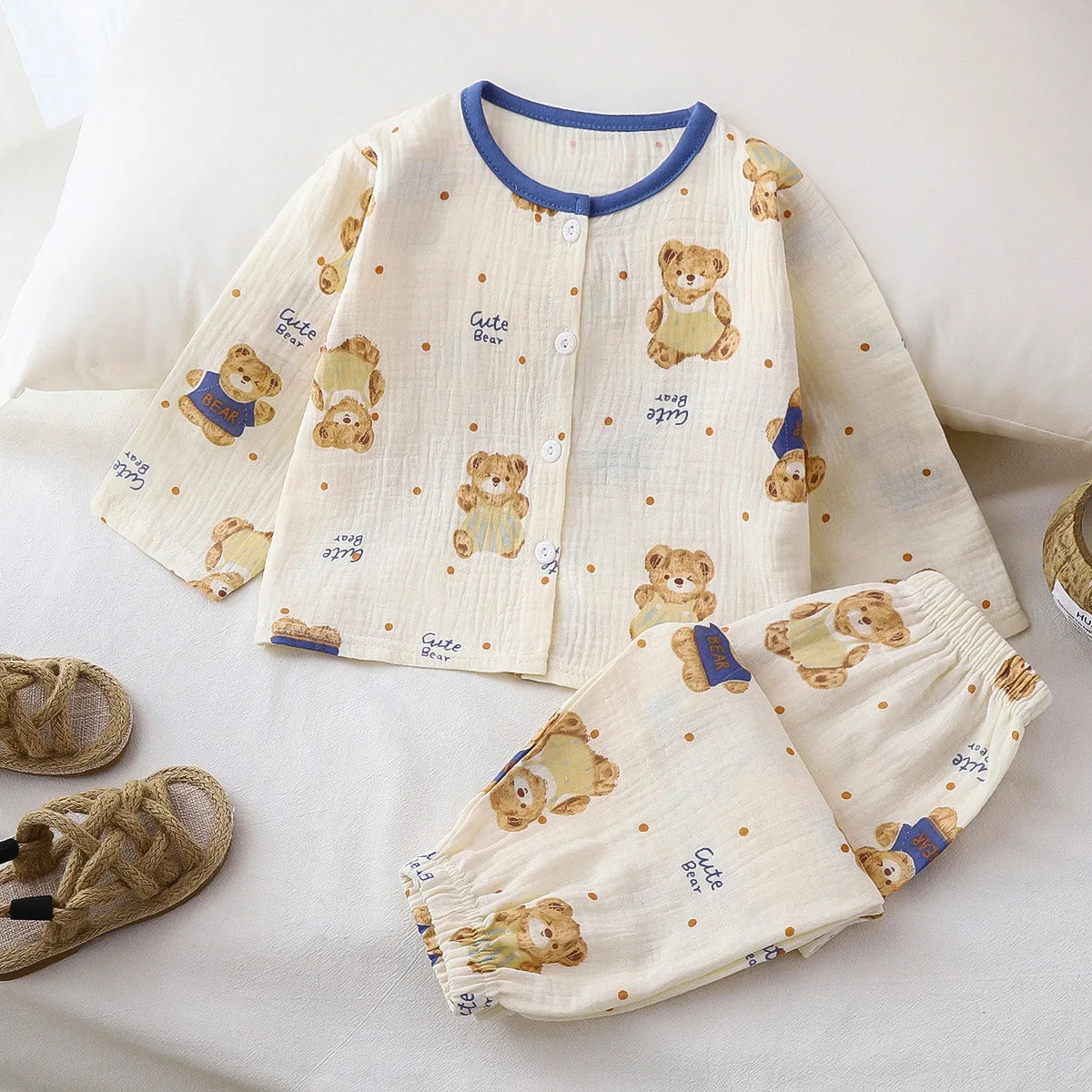 Girls Summer Thin Pajamas Homewear Cute Cartoon Floral Print Long Sleeve Lace Trimmed Sleepwear Baby Boys Casual Clothing Sets