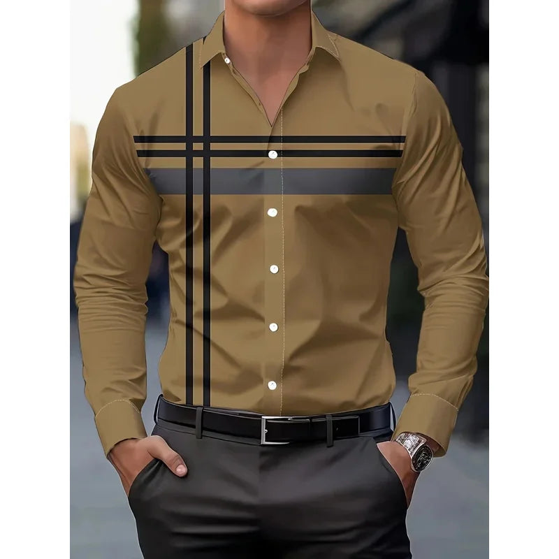 Men's Casual Dress Shirt with Modern Striped Design Regular Fit Long Sleeve Button-Up, Machine Washable for Spring Fall Office