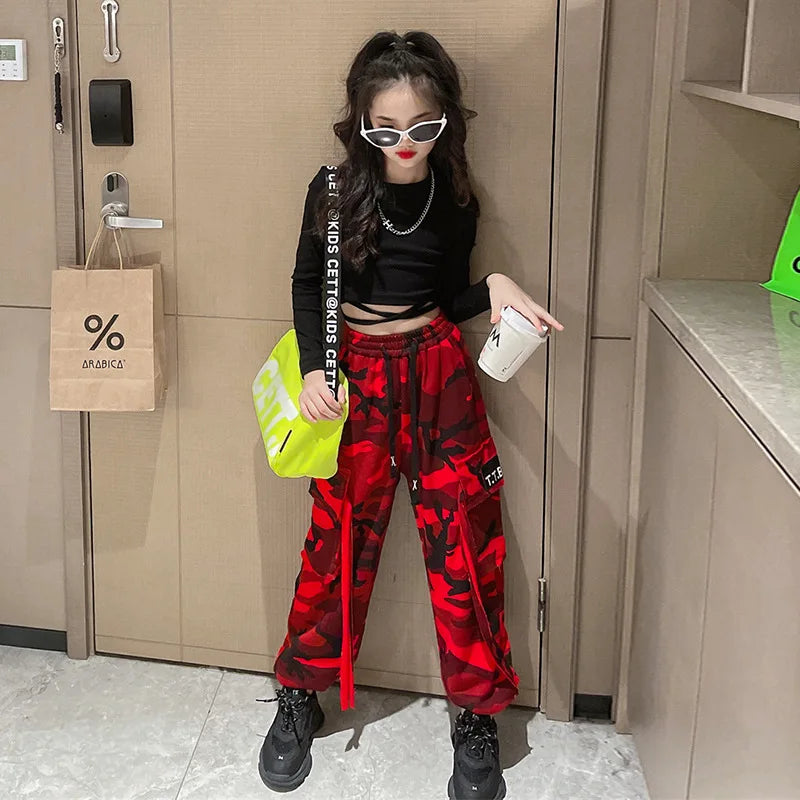Girls Camouflage Pants Kids Fashion Casual High waisted wide leg pants 2026 Spring Fall ClothesTeen Girl Trousers 8 10 12 14Y
