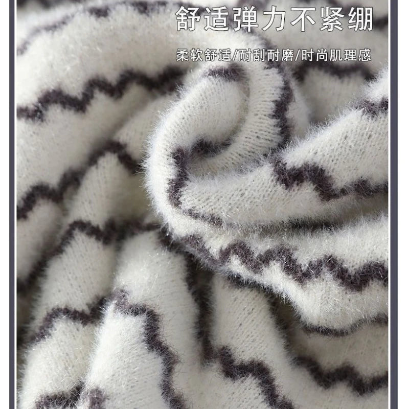Sweater for Men Classic Fleece Lined Thick Warm Stripes Thicken Warm Base Layer Pullover Half-high Collar Trendy Casual Sweater