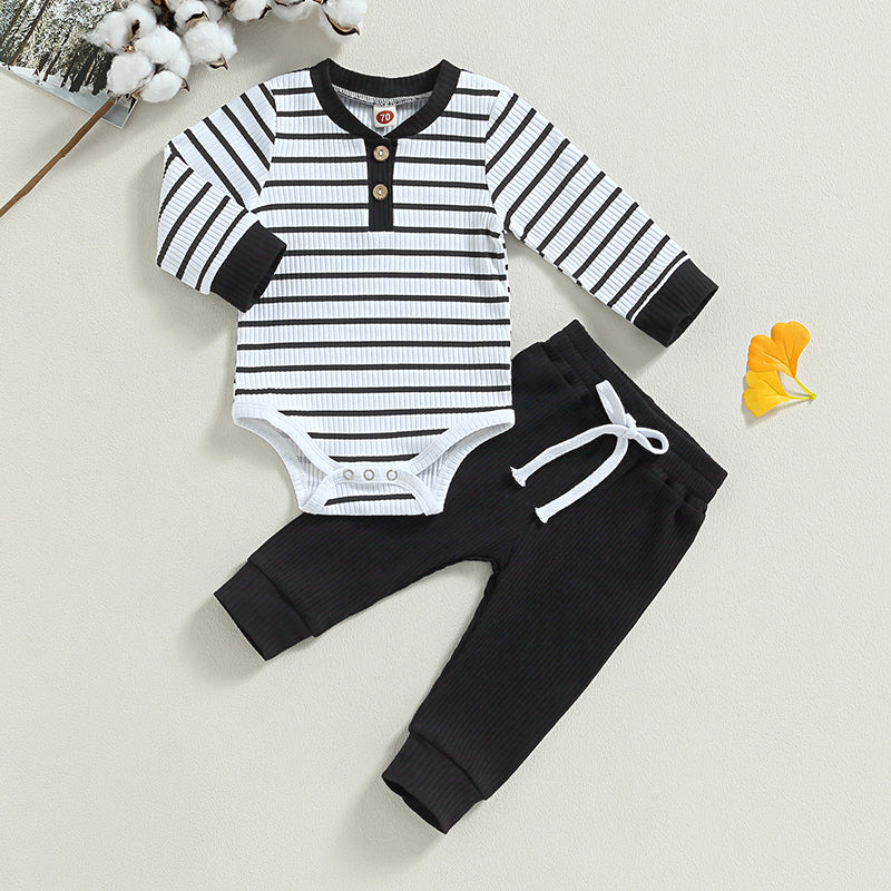 Newborn Baby Boys Girl Fall Winter Clothes Ribbed Knitted Long Sleeve Romper Solid Long Pants Cotton Infant Outfits