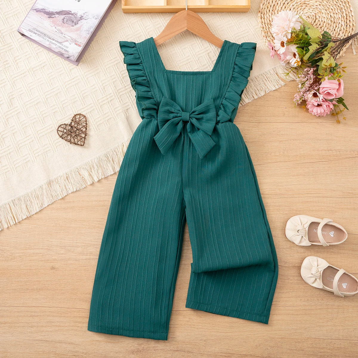 Girls' Summer Overall Pants /, Shoulder Pleated Side Bow Front, Loose Wide Leg, Casual Daily Playwear, 1-6 Years
