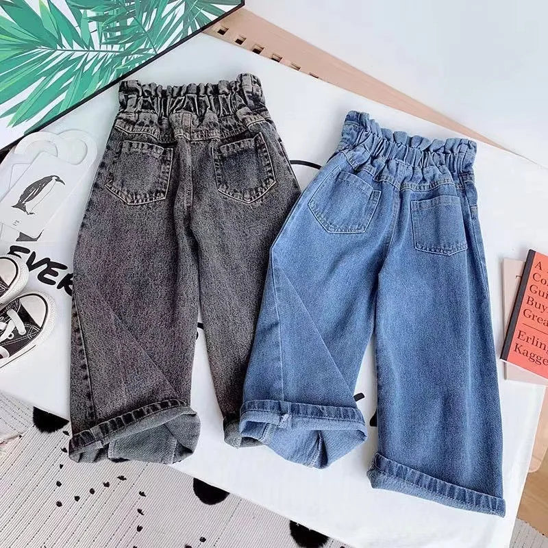 Girls Ightweight Jeans Long Pants Stylish Children's Straight Pants Toddler High-Waist Jeans Long Pants Kids Casual Versatile