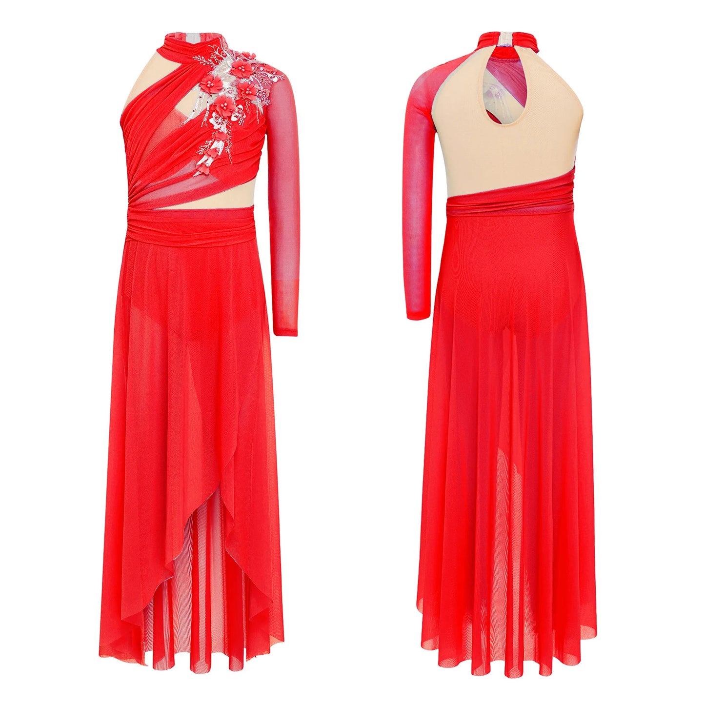 Kids Girls Modern Lyrical Dance Dresses Delicate Applique Keyhole Back Side Split Irregular Hem Asymmetrical Ruched Mesh Dress