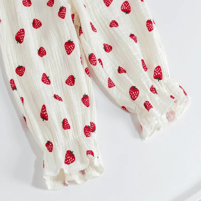 Baby Girl Cotton Sleepwear Infant Toddler Lace Strawberry Print Pajamas Set Homesuit Spring Autumn Nightwear Baby Clothes 1-7Y