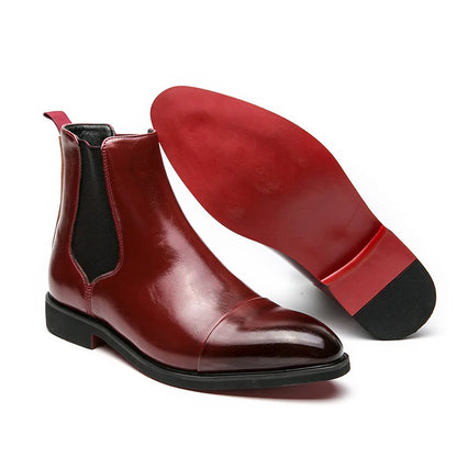 Men's Boots Business Ankle Boots Red Sole Pointed Toe Dress Boots British High Top Leather Shoes Slip-On Casual Men Chelsea Boot