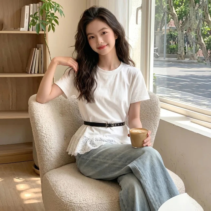 Girls T Shirt Summer 2026 Irregular Hem Lace Patchwork White Short Sleeve Tops Children Clothes Loose Minimalist Comfortable