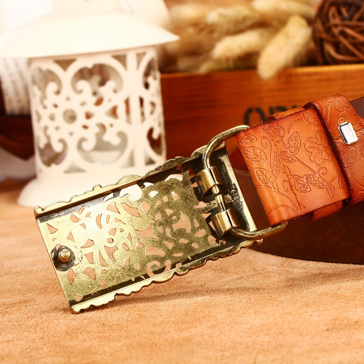 Vintage Flora Women Belts Cowhide Leather Belt Waistband with Sculpture Alloy Buckle for Dresses Skirts and Jeans