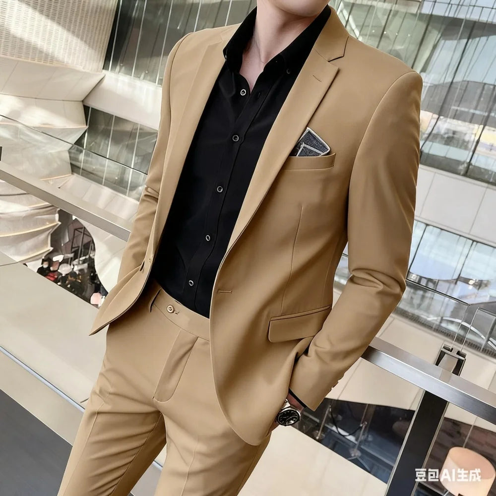 Men's Two-Piece Suit Monochromatic Tern Casual Elegant High-Quality New Banquet Ready Fashionable Ensemble