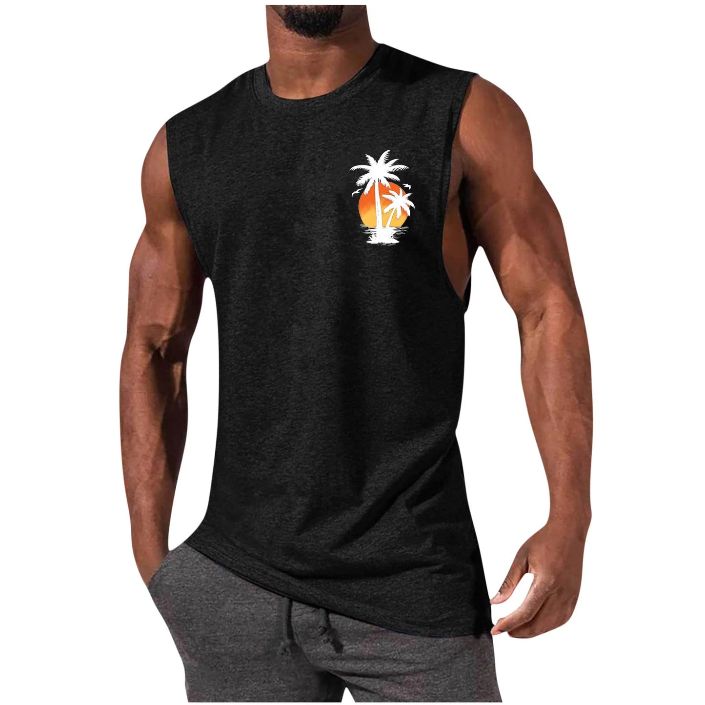 2025 Men's Hawaiian Beach Shirt Tropical Sunset Print Sleeveless Tank Top Palm Tree Vacation Swim Shirt Quick Dry Resort Wear