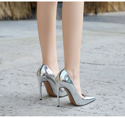 High Heels for Women ELEGANT Sweet Fashion British Style Slip-On 12CM Thin Heels Pointed Toe Office Career Women Shoes Gold 46