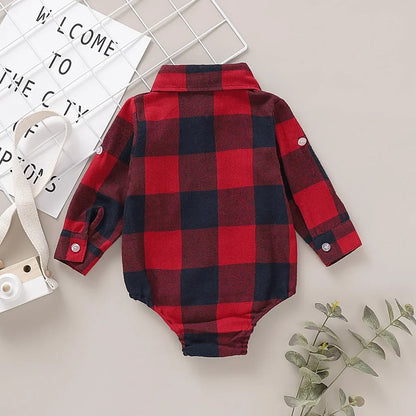 0-12 Months Newborn Baby Boys Bodysuit Plaid Long Sleeve Turn Down Collar Shirt Romper Spring&Autumn Gentleman Casual Clothes