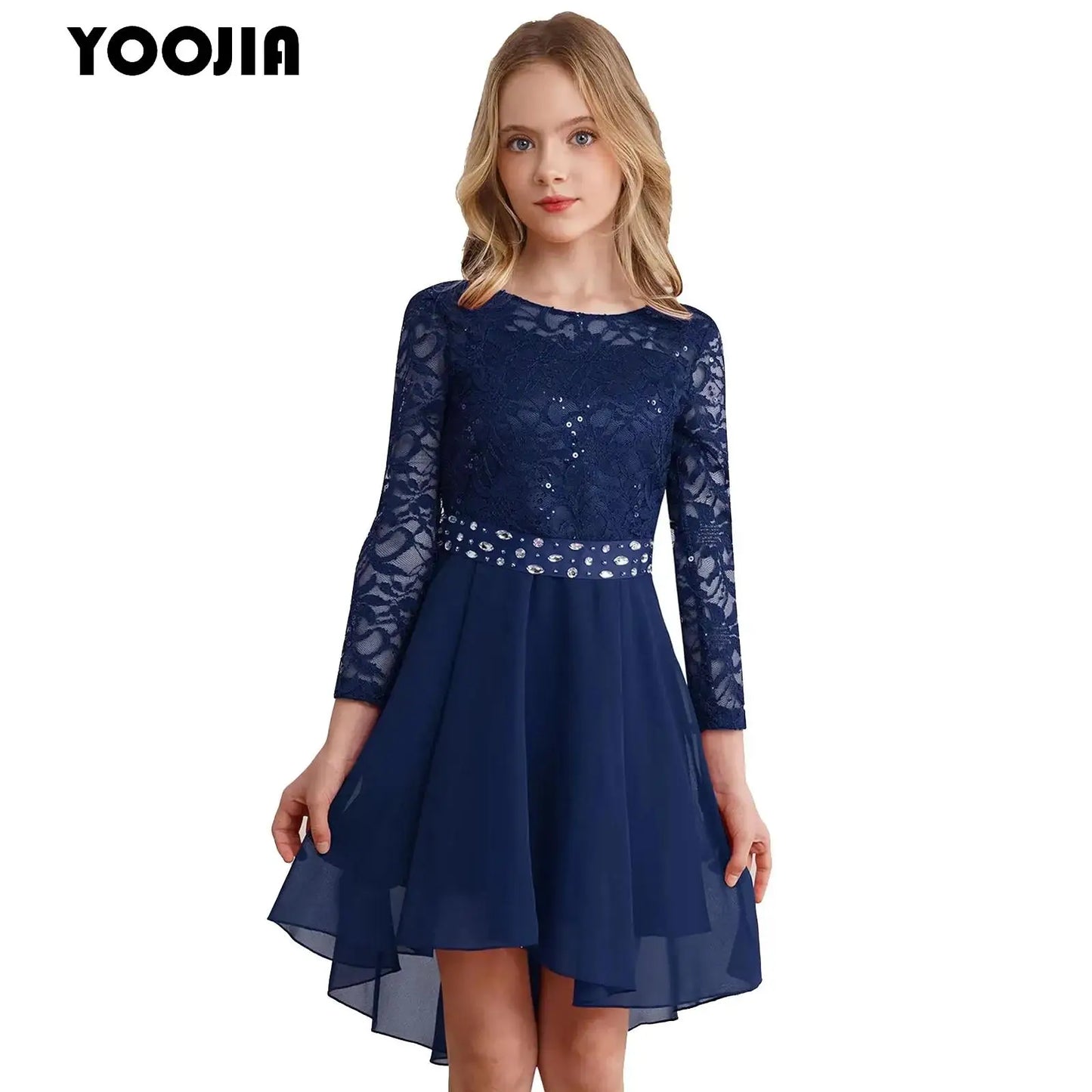 Teen Girls Elegant Scoop Neck Floral Lace Formal Wedding Party Dress Flower Girls Long Sleeve High-Low Chiffon Bridesmaid Dress