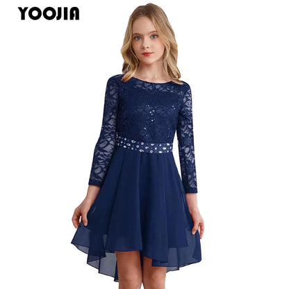 Teen Girls Elegant Scoop Neck Floral Lace Formal Wedding Party Dress Flower Girls Long Sleeve High-Low Chiffon Bridesmaid Dress