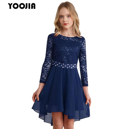 Teen Girls Elegant Scoop Neck Floral Lace Formal Wedding Party Dress Flower Girls Long Sleeve High-Low Chiffon Bridesmaid Dress
