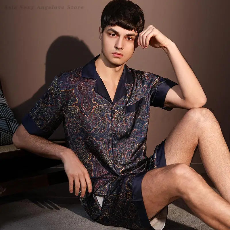 Large Size 3XL Men Pajama 2Pcs Set Summer New Short Sleeve Shorts Pijamas Suit Loose Ice Silk Satin Sleepwear Male Home Clothes