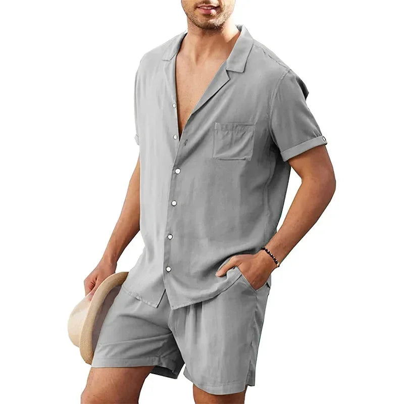 Men's Summer Casual Loose Two Piece Sets Beach Solid Cotton Linen Man Suit Short Sleeve Button Shirt And Shorts Office Outfits