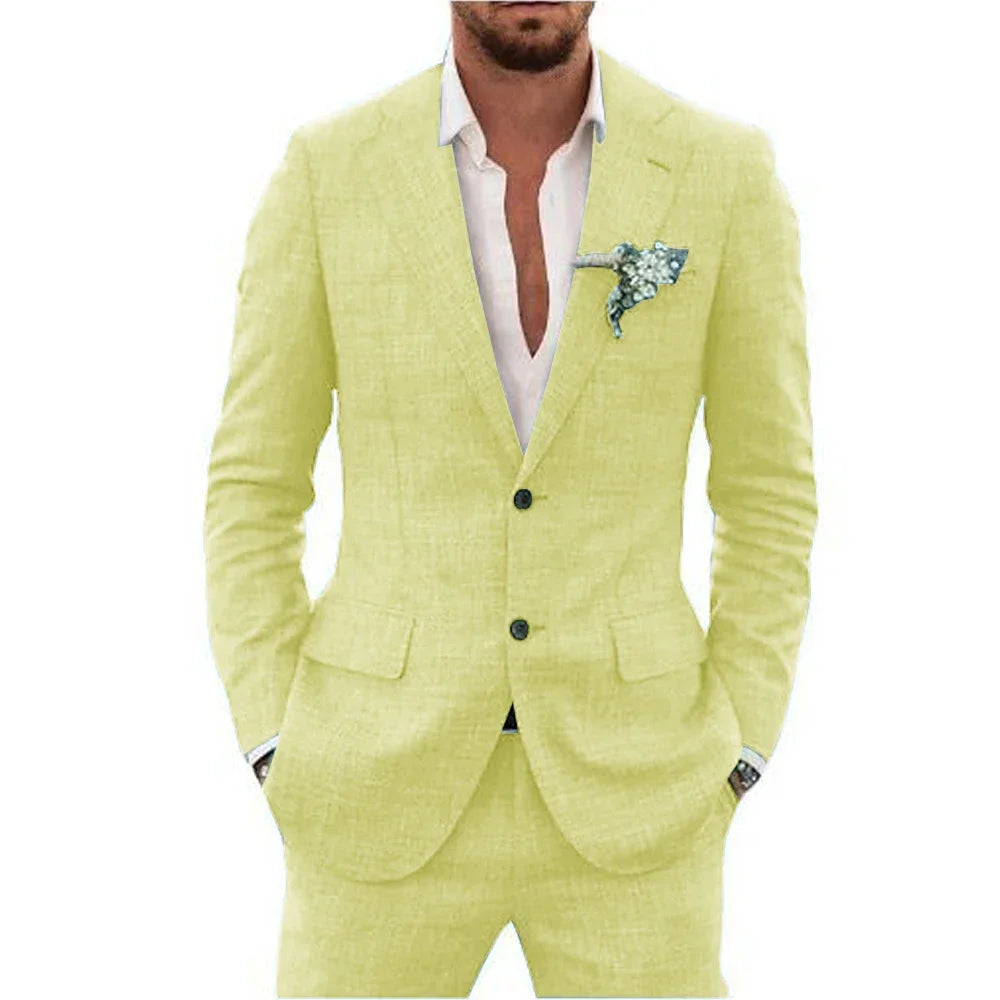 High Quality Linen Suits for Men Two Piece Formal Notch Lapel Single Breasted Male Suit Beach Casual Elegant Wedding Tuxedo