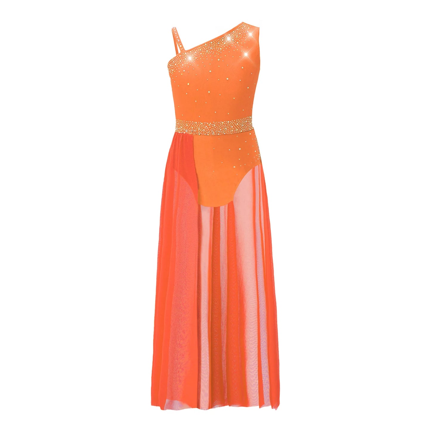 Girls Delicate 3D Flower Lyrical Dance Dress Asymmetrical Ruched Long Dress Gymnastics Modern Dance Clothes Performance Dress