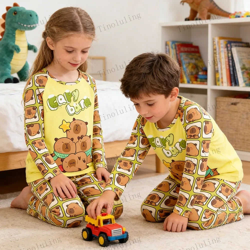 Boys Girls Pajamas Sets Kids Toddler 3 to 4 5 6 7 8 9 10 11 12 Years Capybara Pink Brown Long Sleeve Pyjamas Children's Clothing