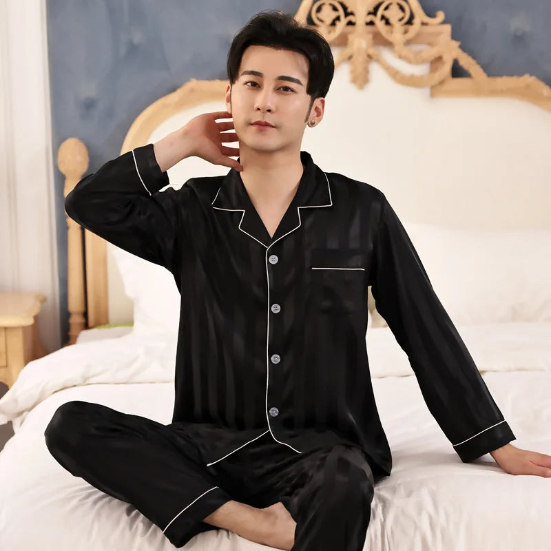 Pajamas Men Spring Summer Thin Ice Silk Luxurious Loose Fitting Home Wear Suit Male Satin Pyjamas Set Night Pajamas Set Men