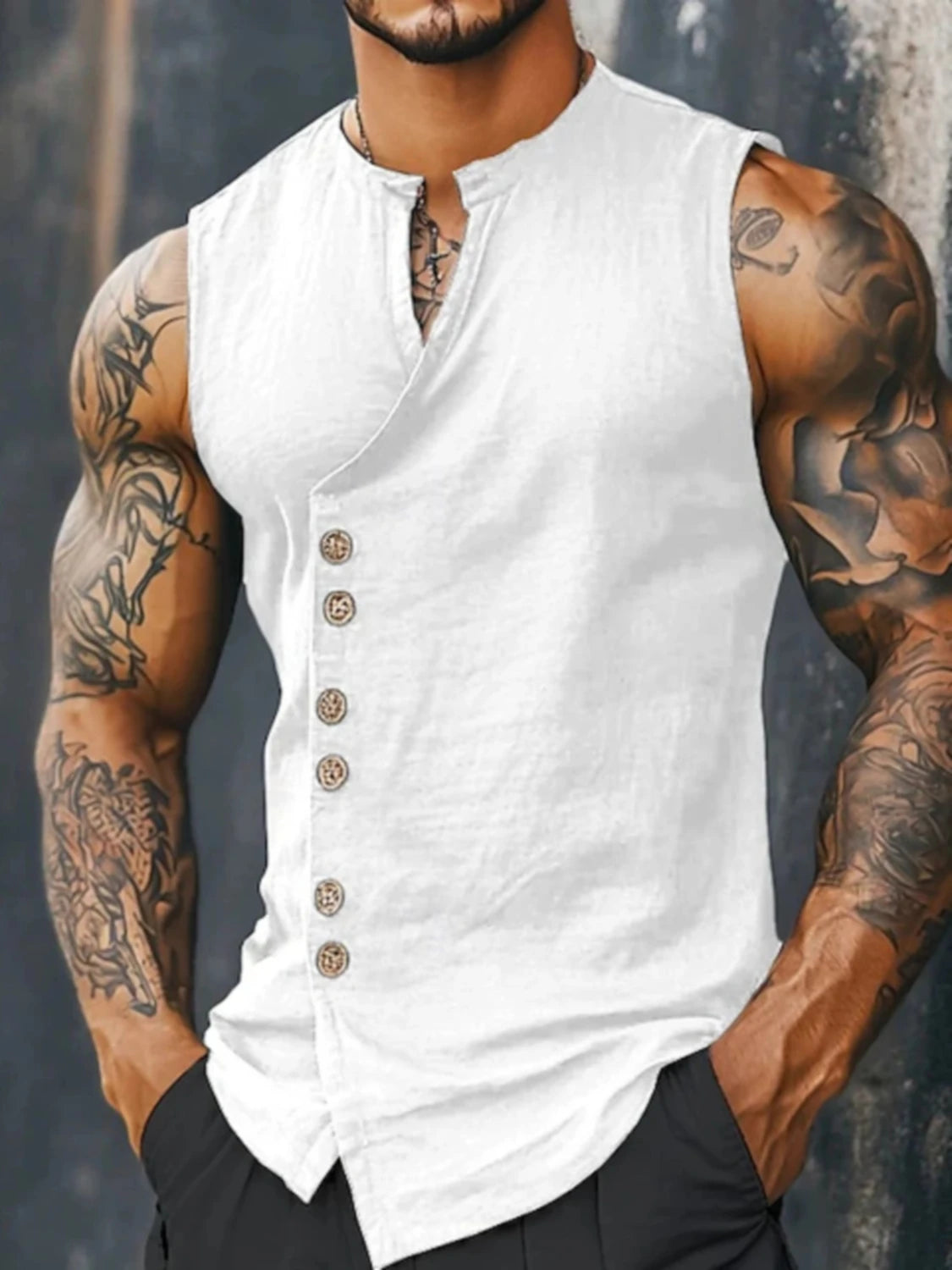 Mens Beach Vacation Linen Look 2 Piece Set, Sleeveless Stand Collar Vest & Side Button Wide Leg Trousers, Breathable Casual Summ