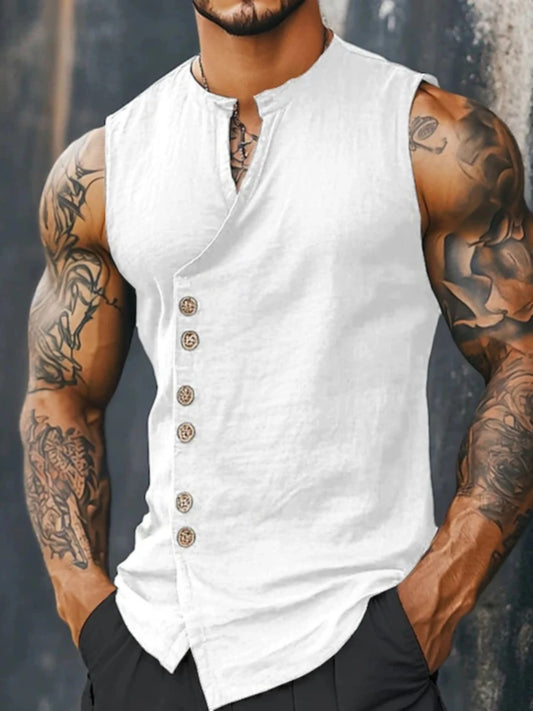Mens Beach Vacation Linen Look 2 Piece Set, Sleeveless Stand Collar Vest & Side Button Wide Leg Trousers, Breathable Casual Summ