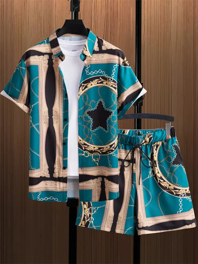 2024 New Men's Beach Wear 2-Piece Quick Drying Hawaiian Shirt and Shorts Set Summer Men's Fashion Striped Print Casual Wear