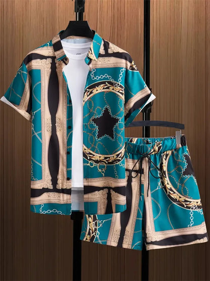 2024 New Men's Beach Wear 2-Piece Quick Drying Hawaiian Shirt and Shorts Set Summer Men's Fashion Striped Print Casual Wear