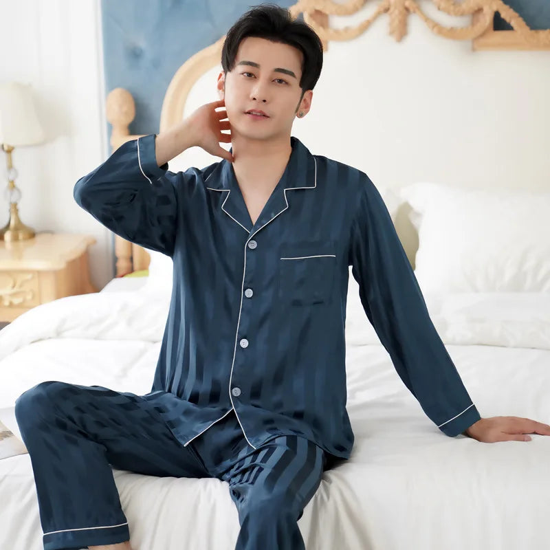 Pajamas Men Spring Summer Thin Ice Silk Luxurious Loose Fitting Home Wear Suit Male Satin Pyjamas Set Night Pajamas Set Men