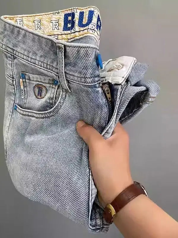Light Blue Embroidered Jeans Men's Summer Slim Fit Nine-Piece Washed Vintage High-End Casual Pants Breathable Straight Leg Jeans