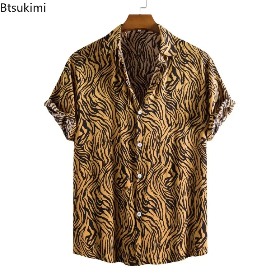2026 New Hawaiian Beach Wear Men's Zebra-stripe Short Sleeve Shirts Fashion Laple Button Up Casual Blouse Summer Streetwear Male