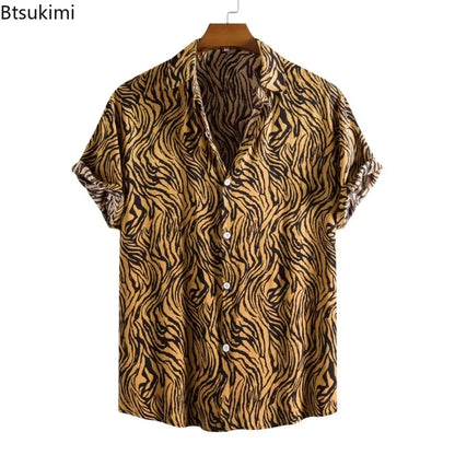 2026 New Hawaiian Beach Wear Men's Zebra-stripe Short Sleeve Shirts Fashion Laple Button Up Casual Blouse Summer Streetwear Male