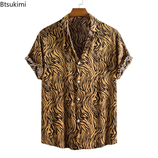2026 New Hawaiian Beach Wear Men's Zebra-stripe Short Sleeve Shirts Fashion Laple Button Up Casual Blouse Summer Streetwear Male