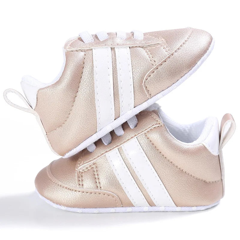 Newborn Baby Boys Shoes for 1 Year Footwear with Striped Infant Casual PU Leather Toddler Soft Sole Girls Sneakers First Walkers