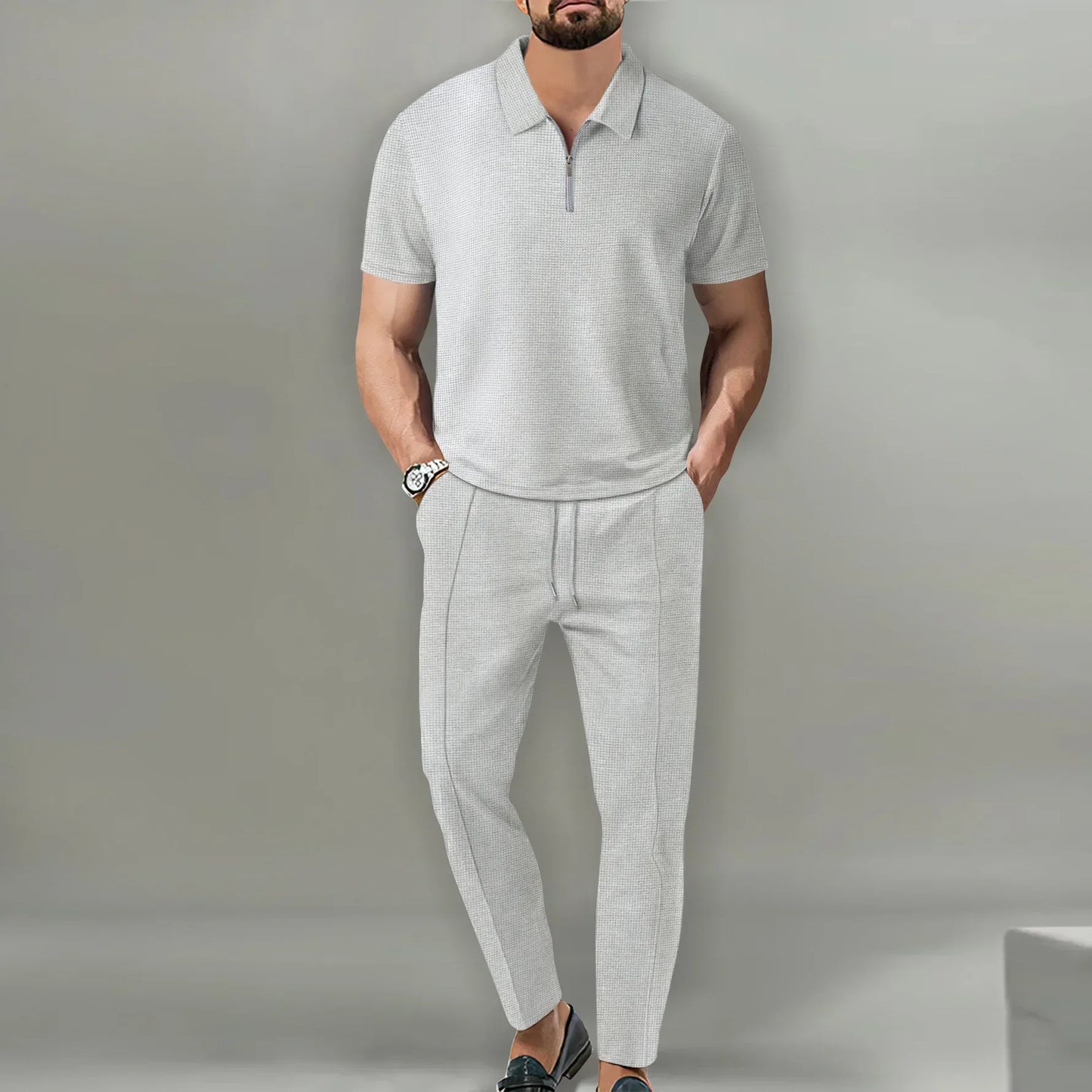 2026 Autumn New European and American Men's Solid Color Leisure Suit Waffle Collar Short-sleeved Zipper Pants Suit