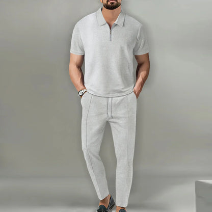 2026 Autumn New European and American Men's Solid Color Leisure Suit Waffle Collar Short-sleeved Zipper Pants Suit
