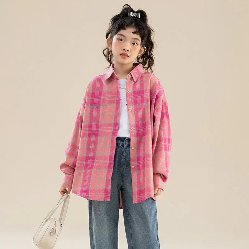 Girls Plaid Shirt 2026 Autumn Girls Clothes Teenage School Shirts for Girls Blouse Casual Children Tops 12 13 14 Kids Clothes