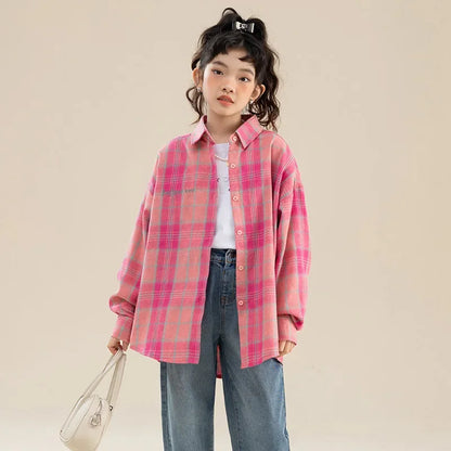 Girls Plaid Shirt 2026 Autumn Girls Clothes Teenage School Shirts for Girls Blouse Casual Children Tops 12 13 14 Kids Clothes