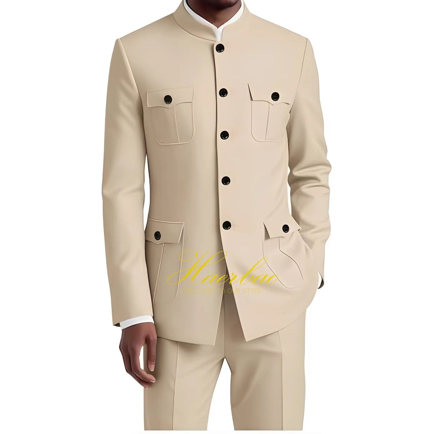 Men's Chinese Tunic Suit Formal 2 Piece Suits for Men Collar Jacket Slim Fit 4 Pocket Blazer Wedding Men Suits Tuxedo