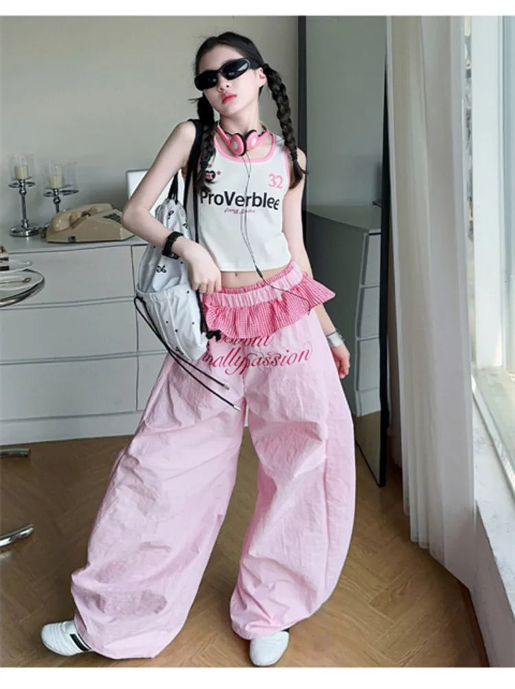 Summer teen girls clothes cotton Tank Top t-shirt Paratrooper Pants junior kid Lotus leaf edge waist trousers 4-14 child outfits