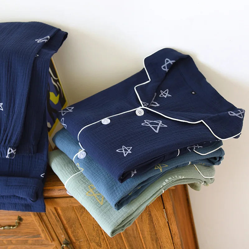 Men's Trousers Pajamas Set for Spring and Summer Thin Design Cotton Fabric Short Sleeved Long Pants Home Men Pyjama Set