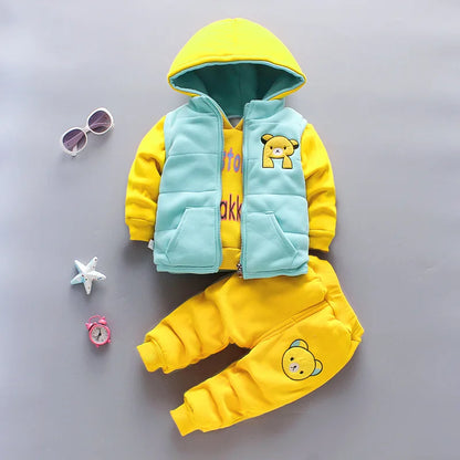 Baby Boy Clothes 2023 Autumn Cotton Thick Warm Casual Hooded Sweater Winter Cartoon Cute Bear Three-Piece Baby Girl Suit 0-5Y
