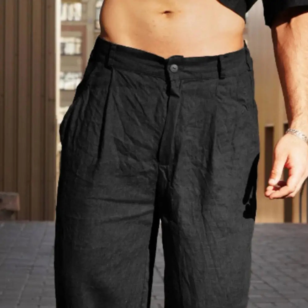 Men Cotton Linen Slacks Solid Color Loose Casual Trousers Breathable Summer Yoga Pants Pleated Jogger For Beach Vacation Fishing