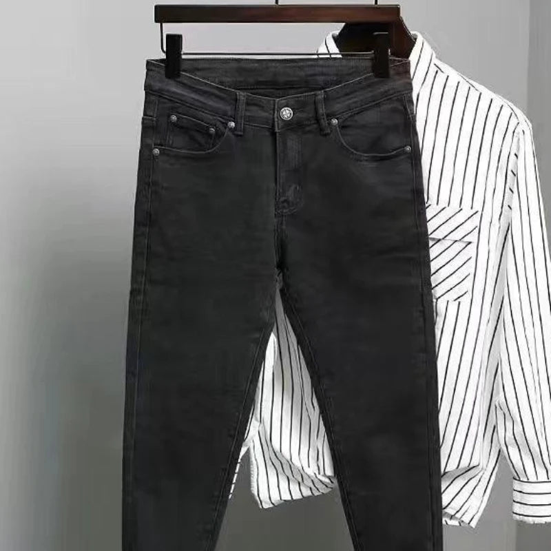 Men's Jeans Work Wear Stretch Elastic Retro Casual Male Cowboy Pants Tapered Black Stacked Trousers 2025 Korean Autumn Regular