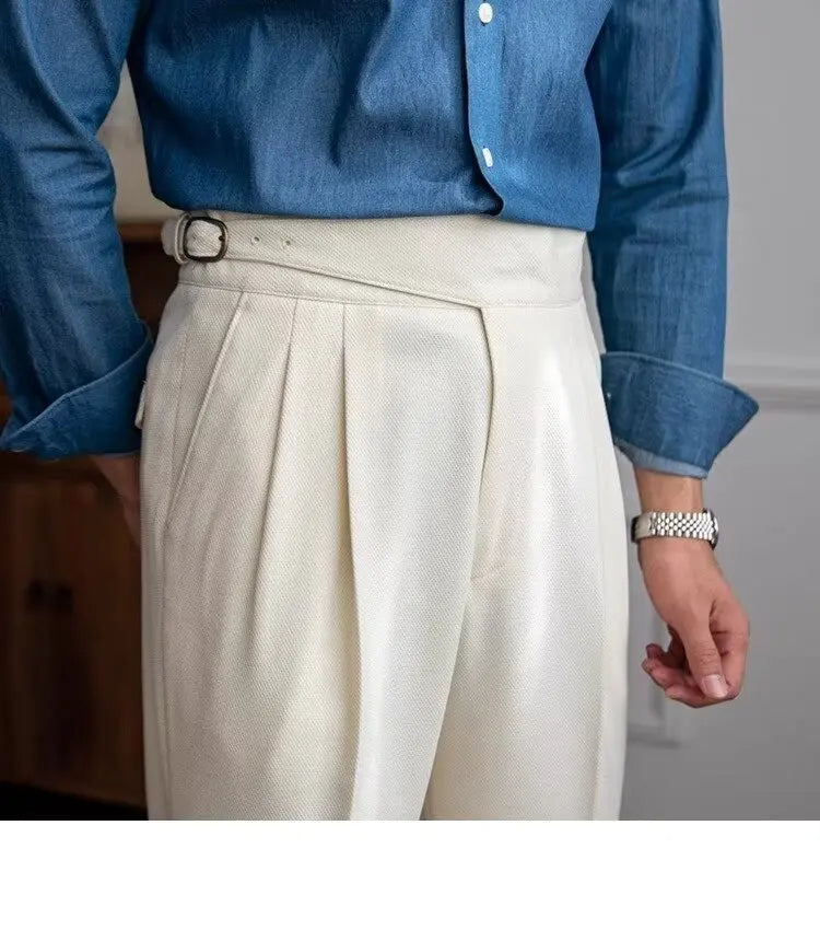 British Men's Suit Pants Straight High Waisted Naples Pants Formal Business Brown Black Khaki Off White Trousers Wedding Dress